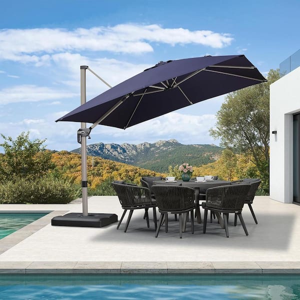 PURPLE LEAF 10 ft. Square Outdoor Patio Cantilever Umbrella Light Champagne Aluminum Offset 360° Rotation Umbrella in Navy Blue