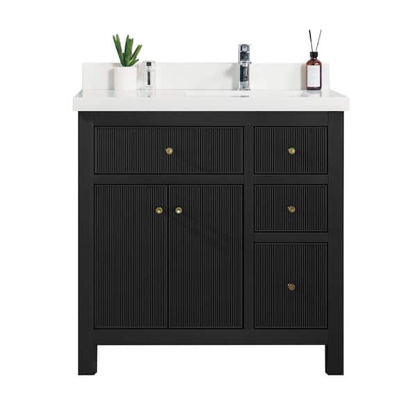 Willow Collections Sonoma 36 in. W x 22 in. D x 36 in. H Left Offset Sink Bath Vanity in Black with 2 in White Quartz Vanity Top