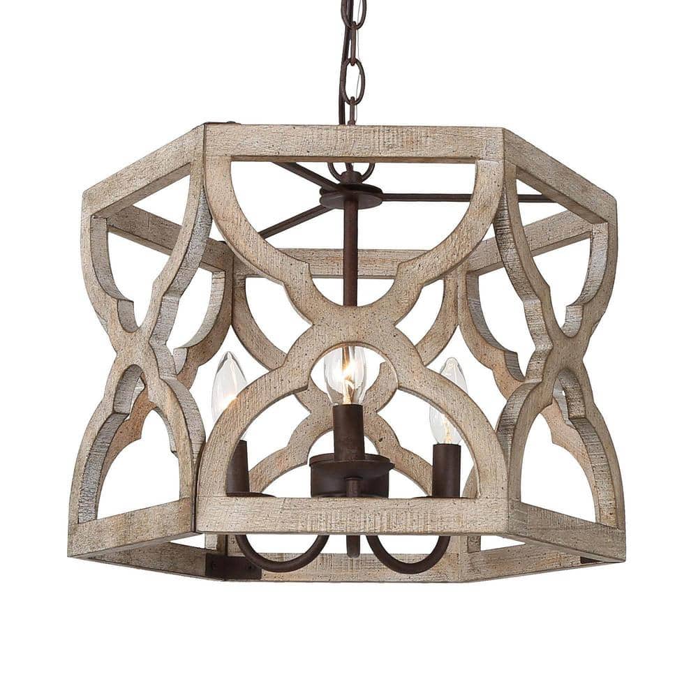 Wood Drum Cage 3-Light Chandelier Rustic Brown Candle Pendant Light for Liv