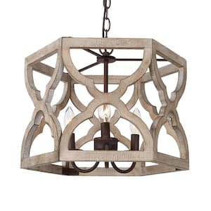 Wood Drum Cage 3-Light Chandelier Rustic Brown Candle Pendant Light for Living Room, Bedroom