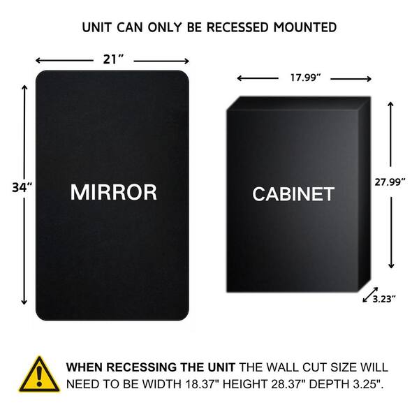 TEHOME 21-in x 34-in Recessed Mount Matte Black Mirrored Medicine Cabinet