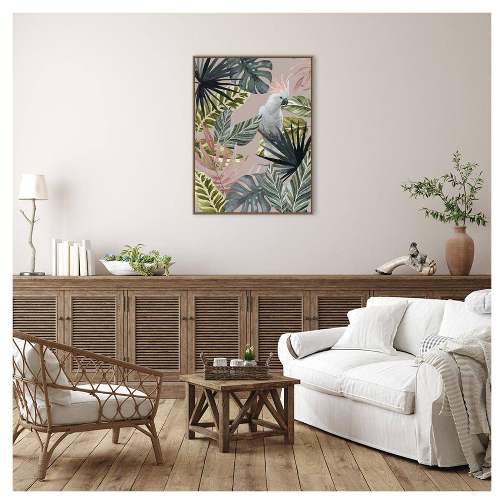 Tropical Cockatoo with Leaves Beaded Bronze Framed Canvas Wall Art 32 x 42