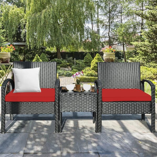 Liviza 3-Piece Outdoor Wicker Patio Conversation Set with Red Cushions and Coffee Table