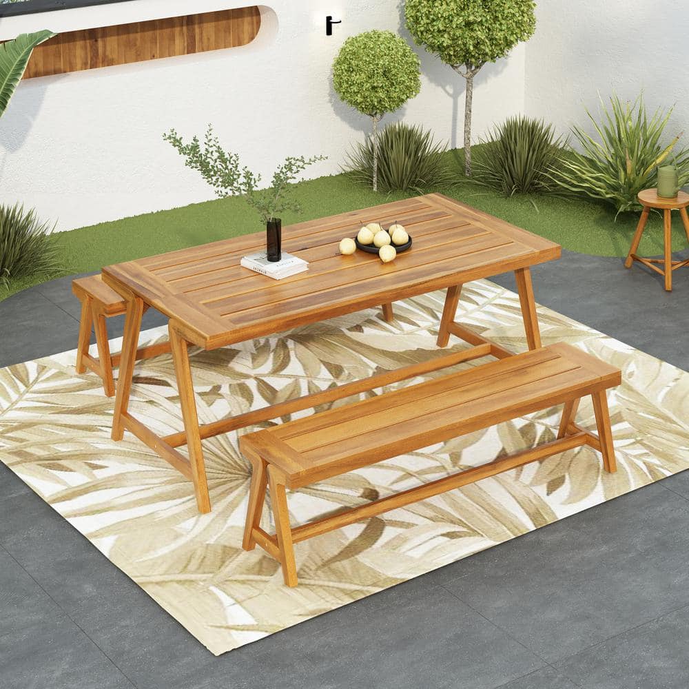 3-Piece Brown Acacia Wood Outdoor Dining Table and Chair Set, Terrace Garde