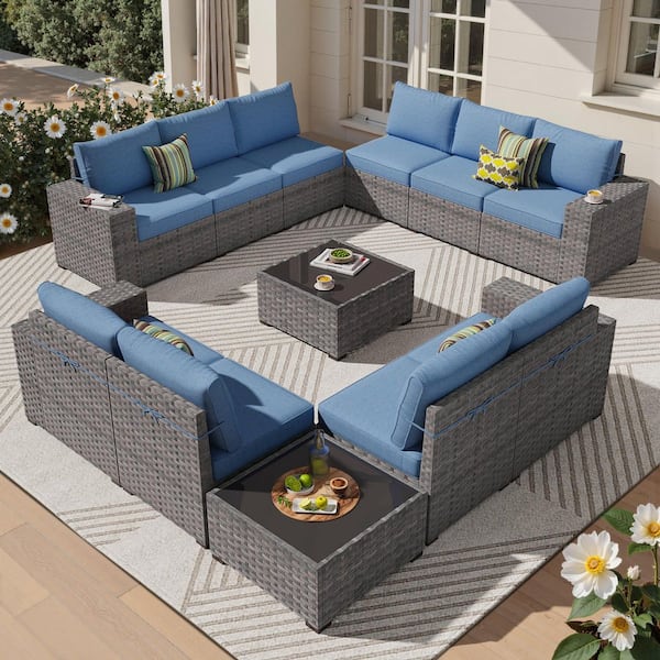 Lanora Gray 12-Piece PE Rattan Wicker Outdoor Patio Sectional Sofa Set with Denim Blue Cushion and Coffee Table
