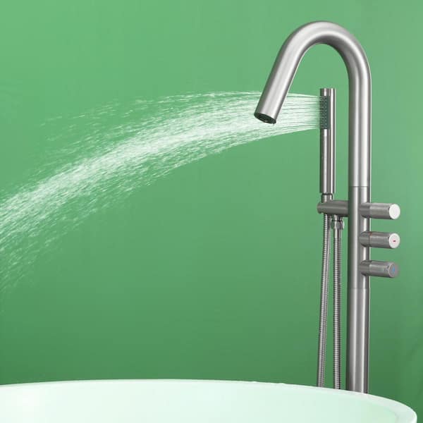 3 Handles Claw Foot Tub Faucet Floor Mount Freestanding Tub Faucets with Hand Shower in Brushed Nickel