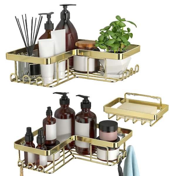 3-Pack Corner Shower Caddy with 1 Soap Holder and 12 Hooks, Stainless Steel Shower Shelves, Wall Mounted, Gold
