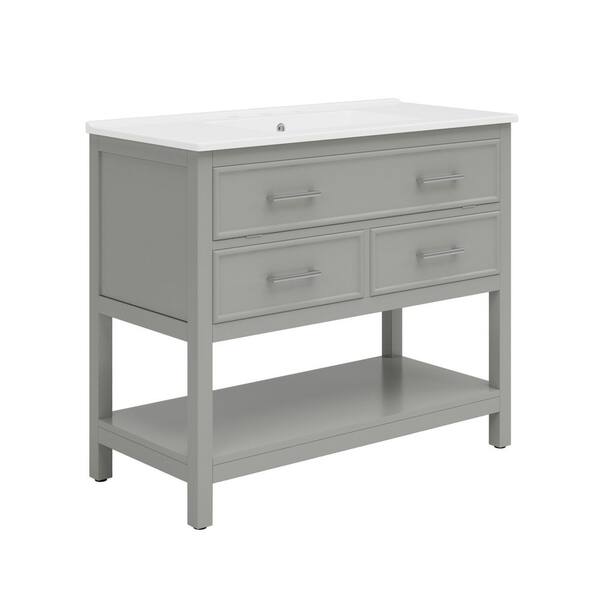 36 in. Freestanding Gray Bath Vanity with White Ceramic Top, Tip-Out Tray and 2 Full-Extension Drawers