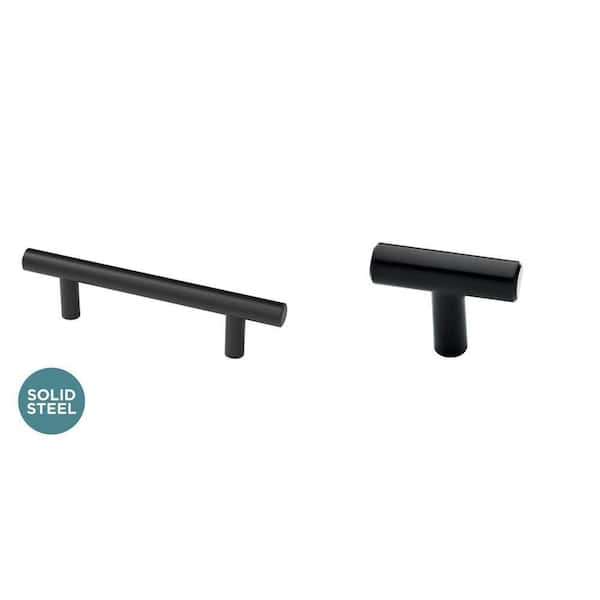 5-1/16 in. (128 mm) Matte Black Bar Pull and 1-9/16 in. (40 mm) Matte Black T-Knob