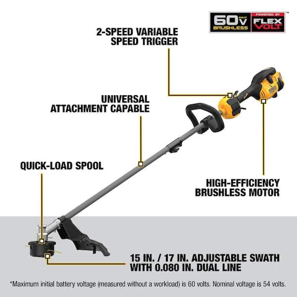 FLEXVOLT 60V MAX 17 in. Cordless Battery Powered Attachment Capable Trimmer (Tool Only) and Pole Saw Attachment
