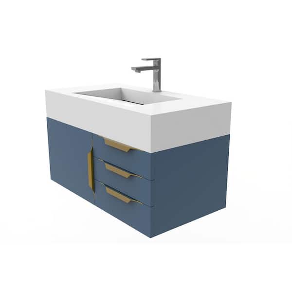 castellousa Nile 36 in. W x 19 in. D x 20 in. H Bath Vanity in Matte Blue with Gold Trim and White Solid Surface Top