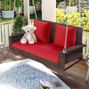 2-Person PE Wicker Gray Hanging Porch Swing with Chains, Red Cushion and Pillow, for Garden, Backyard and Pond