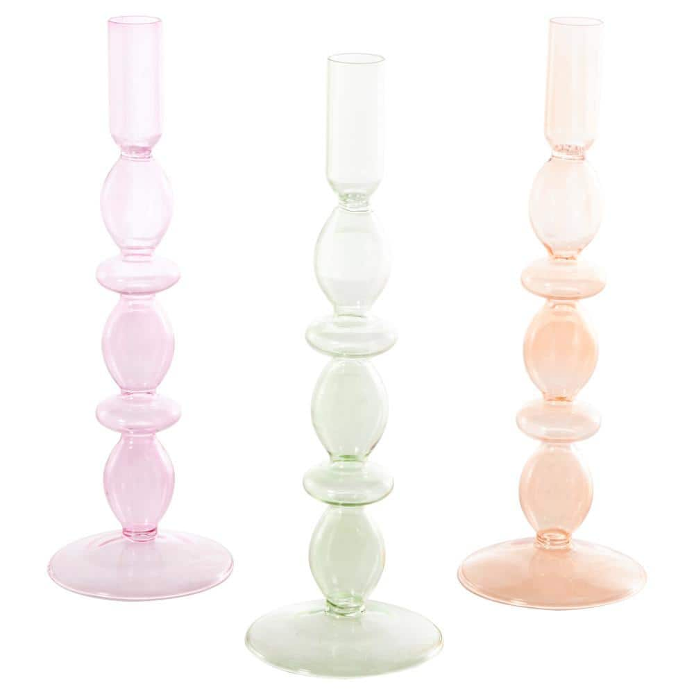 Litton Lane Multi Colored Glass Slim Bubble Inspired Pastel Candle Holder Set Of 3 045398