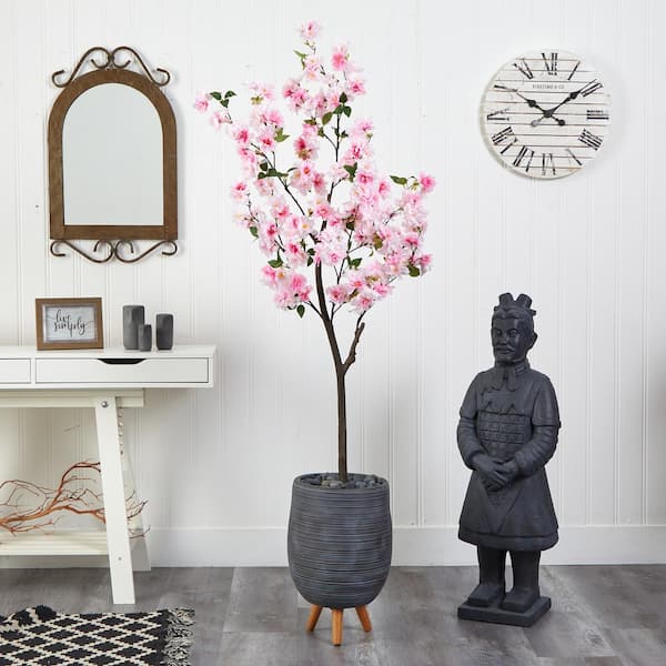 Nearly Natural 6 ft. Cherry Blossom Artificial Tree in Gray Planter with Stand