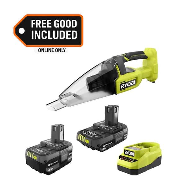 RYOBI ONE+ 18V Lithium-Ion Kit with 2.0 Ah and 4.0 Ah Batteries, Charger, and ONE+ 18V Cordless Multi-Surface Hand Vacuum