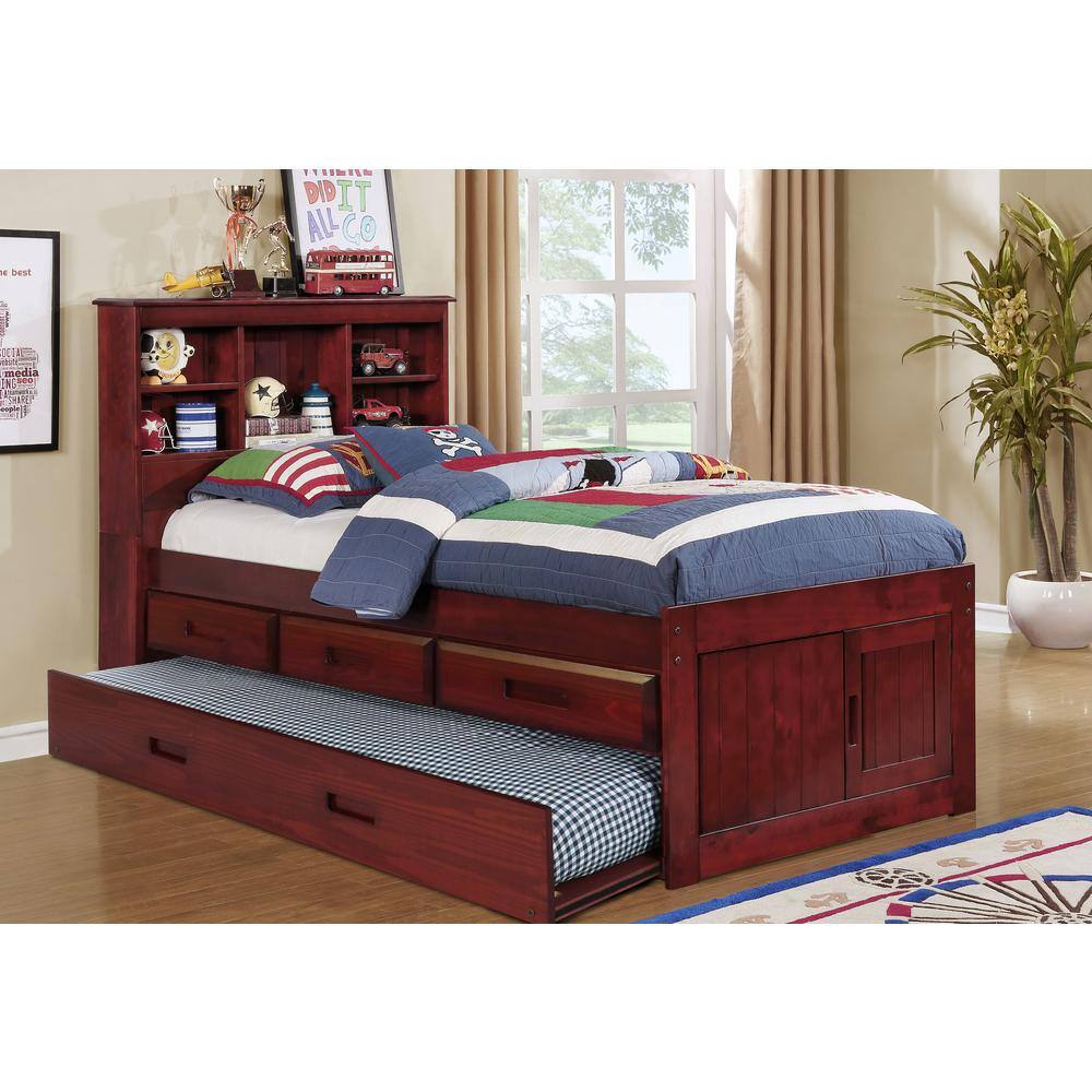 Rich Merlot Pine Twin Captain's Bed with Storage and Trundle