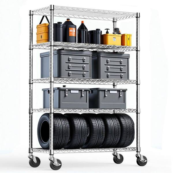 Tileon 5-Tier Utility Shelving Unit with Wheels, Steel Organizer