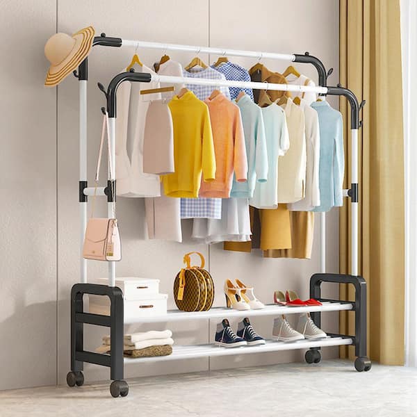 Single Tidy Coat Rails Hall Tree with Hooks Heavy Duty Metal Garment Rack  Portable Mobile Clothing Hanger with 2-Tier Lower Storage Shelves for