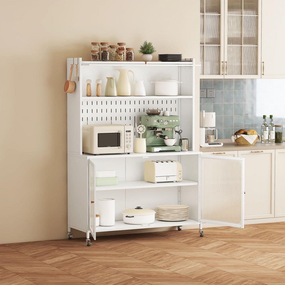 40 in. W Kitchen Pantry Organizers in white with Wheels,Glass Doors,Adjusta