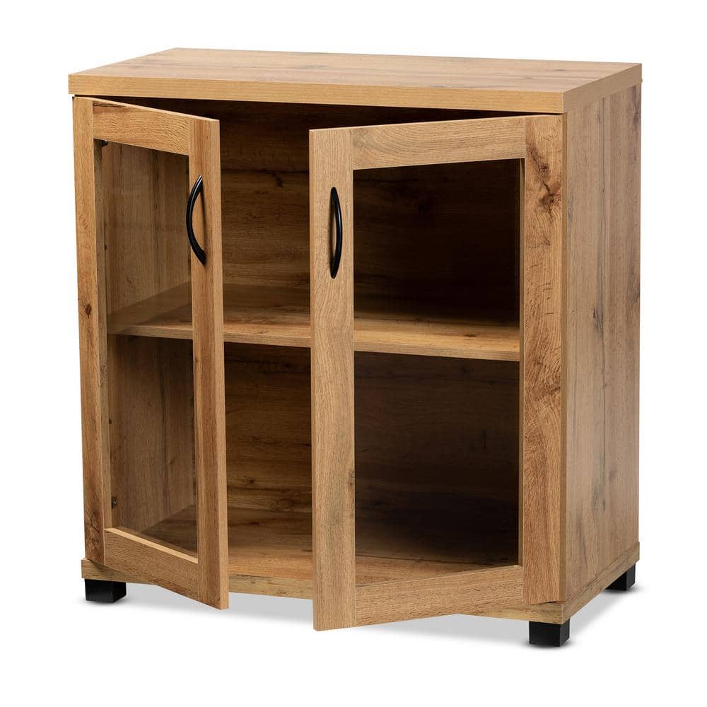 Zentra Oak Brown Wood 2-Door Glass Display Storage Cabinet