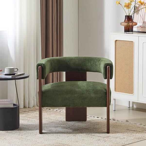 Olive Green Boucle Upholstered Arm Chair with Solid Rubber Wood Legs
