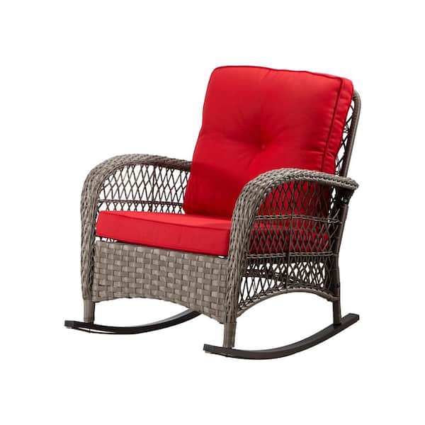 INMITOM Wicker Outdoor Rocking Chair Lounge Chair Patio with Red Cushion