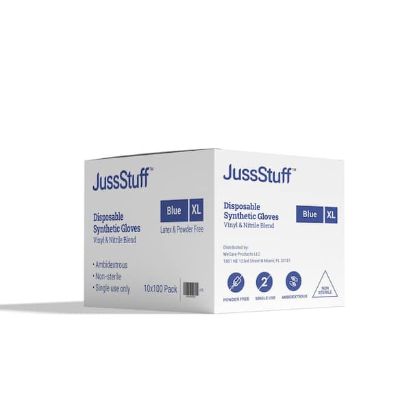 JussStuff Extra Large Synthetic Vinyl/Nitrile Blend Exam Latex Free and Powder Free-Gloves in Blue-10 Boxes of 100 (1000 Total)