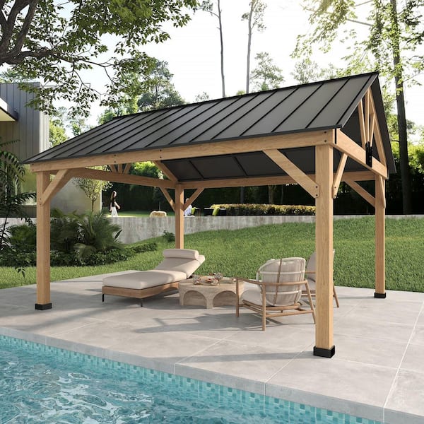 11 ft. x 13 ft. Cedar Wood Gazebo Hardtop with Steel Roof and Ceiling Hook