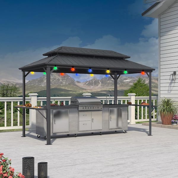 6.5 ft. x 12 ft. Hardtop Grill Gazebo for Patio Aluminum Barbecue Shelter Gazebo w/Hooks,Shelves Double Tiered 24-Lights