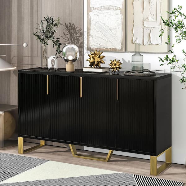 Harper & Bright Designs Black Wood 60 in. W Sideboard with Adjustable Shelves, Metal Handles and Metal Legs