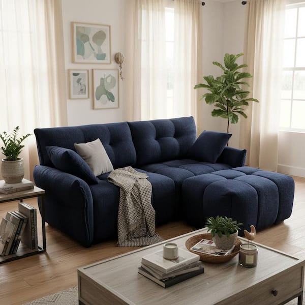 Homy Casa YOYO 78.7 in. Rolled Arm Chenille 3-Seater L-Shaped Tufted Sectional Sofa with Ottoman and Deep Seats in Midnight Blue