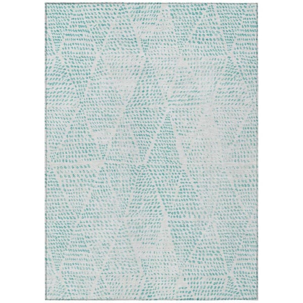 Aqua, Ivory 9 ft. x 12 ft. Woven Geometric Polyester Rectangle Indoor / Outdoor Area Rug