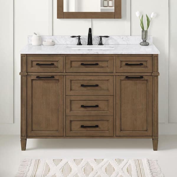 Home Decorators Collection Caville 48 in. Single Sink Almond Latte Bath Vanity with Carrara Marble Top and Integrated Power Outlet (Assembled)