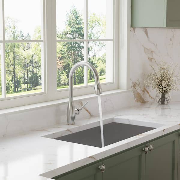 16.6 in Single Handle 360° Swivel Pull Down Sprayer Kitchen Faucet with Advanced Spray in Brushed Stainless