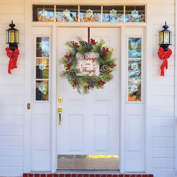 26 in. Unlit Frosted Artificial Christmas Wreath with Pinecones, Red Berries, and Merry Christmas Sign