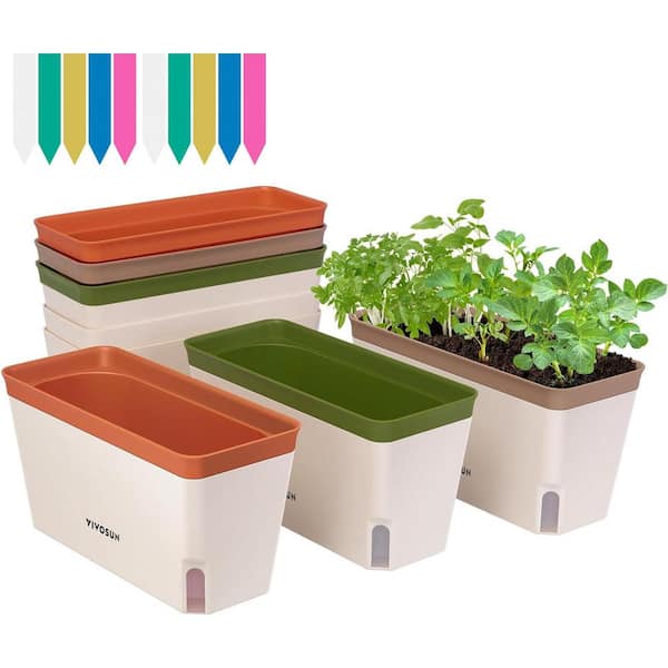 VIVOSUN 10.5 in. L x 4.5 in. W x 5.5 in. H Self-Watering Rectangular Window Herb Planter Box with 10-Piece Plant Labels (6-Pack)