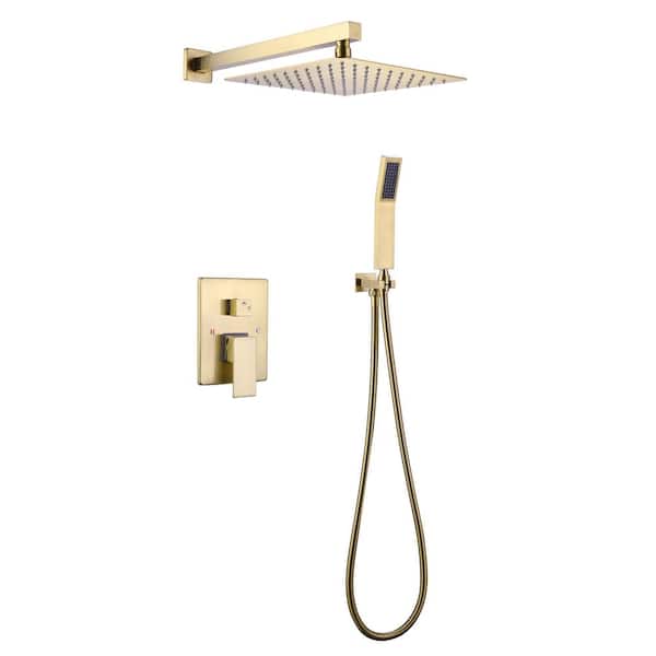 Inner Decor Aah Single-Handle 2-Spray 10 in. Square Shower Heads with Hand Shower Faucet in Brushed Gold (Valve Included)