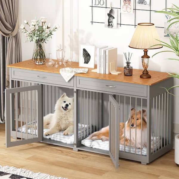 FUFU&GAGA Large Wooden Dog House with Drawers & Divider, Furniture Style Dog Crate, Gray and Brown Dog Cage for L M S Dogs