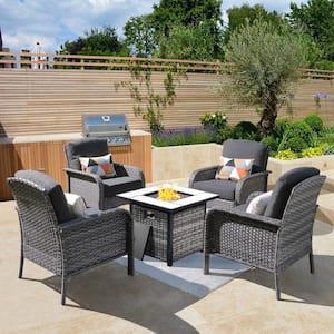Hyacinth Gray 5-Piece Wicker Patio Outdoor Conversation Seating Set with a Square Fire Pit and Black Cushions