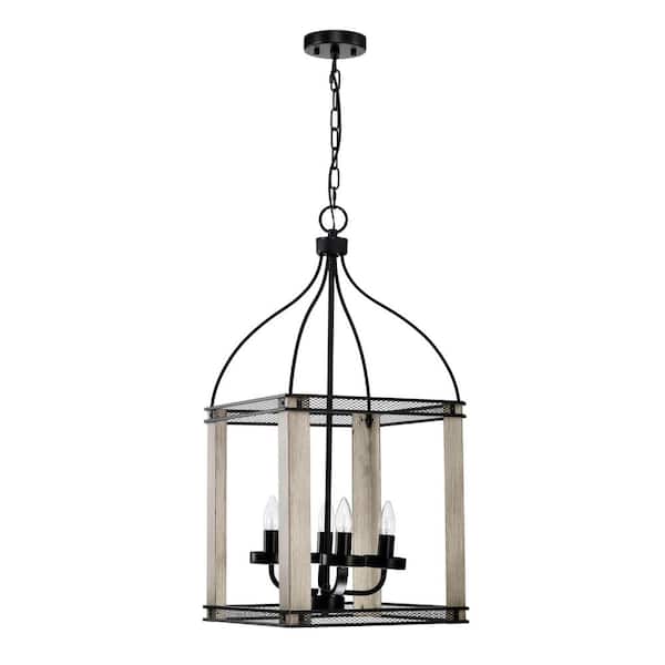 Warehouse of Tiffany Vander 14 in. 4-light Indoor Matte Black and Faux Wood Grain Finish Chandelier with light Kit