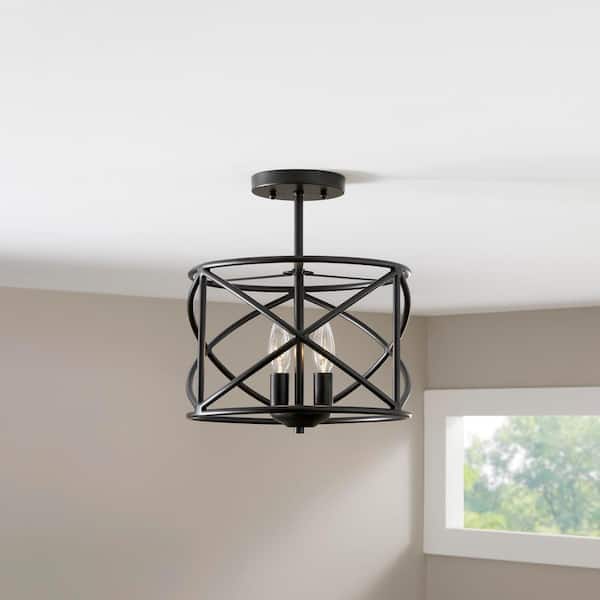 Hastings 13.5 in. 2-Light Oil Rubbed Bronze Modern Entryway Semi-Flush Mount with Open Cage Design