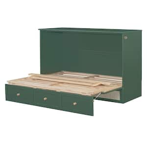 Green Wood Frame Queen Size Murphy Bed with Large Drawers