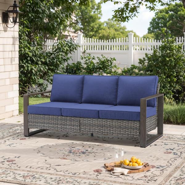 Gray Wicker Outdoor Couch, Rattan 3-Seat Sofa with Wood-Looking Metal Armrest with Blue Cushions for Garden Backyard