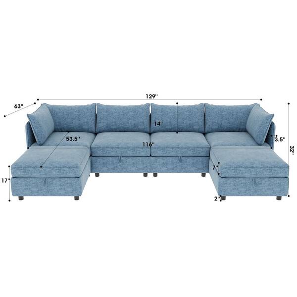 Harper & Bright Designs Convertible Modular 129 in 6 Piece Chenille Sectional Sofa in. Antique Blue with Storage Seats, Ottomans, Sleeper Sofa GCSFPS00017