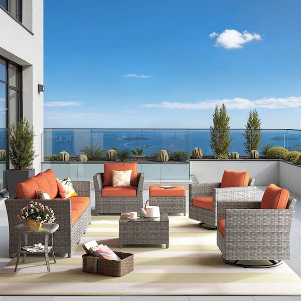 Auris Gray 9-Piece Wicker Outdoor Furniture Set Patio Conversation Sofa Set with Orange Red Cushions and Swivel Chairs