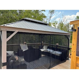 12 ft. x 14 ft. Light Gray Patio Outdoor Gazebo for Backyard Hardtop Aluminum Frame with Upgrade Curtain and Netting