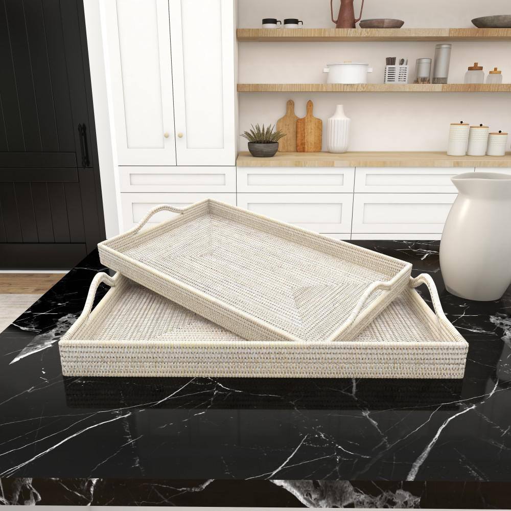 Cream Rectangular Rattan 2-Piece Decorative Tray Set