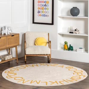 Kids Washable Round Alphabet Rug Light Yellow 4 ft. x 4 ft. Accent Rug