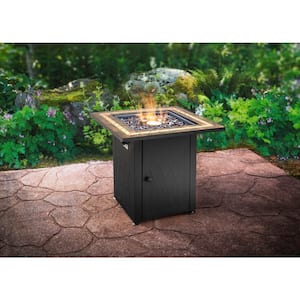 Atlantis 28 in. x 26 in. Square Steel Propane Gas Fire Pit Table in Black with Glass Fire Rocks