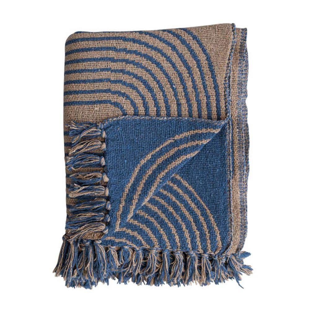 Blue and Tan Recycled Cotton Fringe Throw Blanket